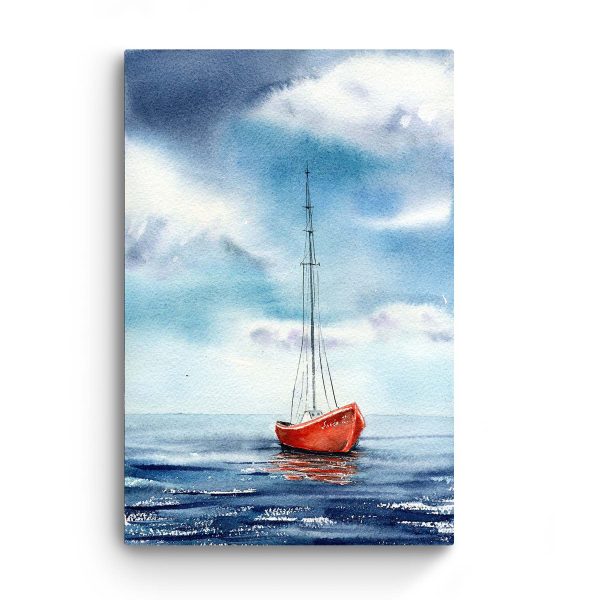 Canvas Wall Art - Lonely Red Boat on the Sea Painting