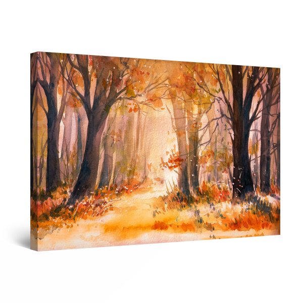 Canvas Wall Art - Orange Forest Trees and Light Watercolor