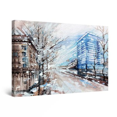 Canvas Wall Art - Watercolor Blue White City Winter Time