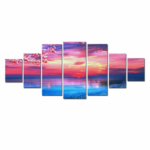 Huge Canvas Wall Art - Pink Sunset Beach Set of 7 Panels
