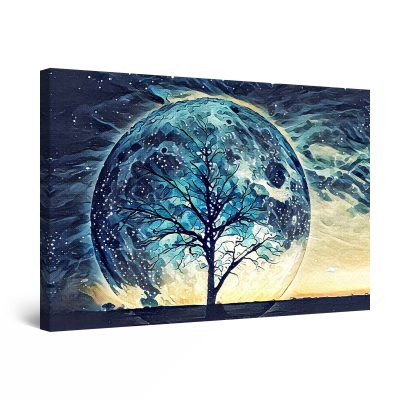 Canvas Wall Art - A-M-A-Z-I-N-G Blue Moon and Tree Landscape Painting