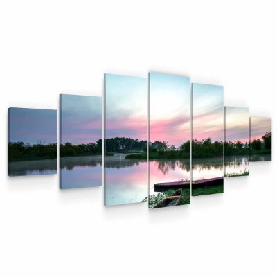 Huge Canvas Wall Art - Pink Sunset On The Lake Set of 7 Panels