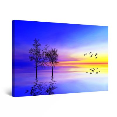 Canvas Wall Art - Surreal Blue Landscape Water, Tree and Sunset