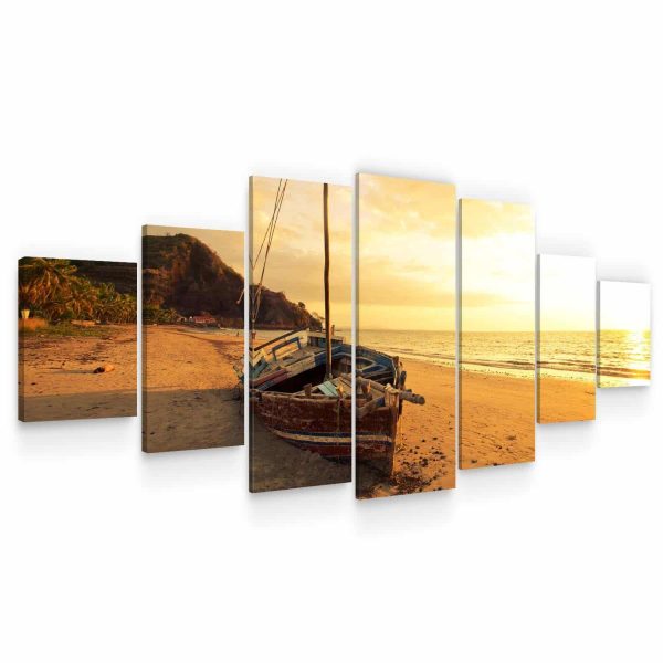 Huge Canvas Wall Art - Boat On The Beach At Sunrise Set of 7 Panels