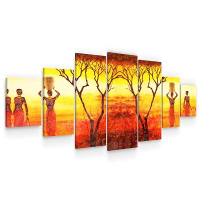 Large Canvas Wall Art - African Women at Sunset Set of 7 Panels