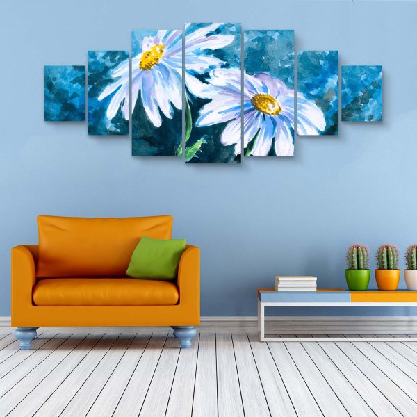 Large Canvas Wall Art - White Daisies on Blue Background Set of 7 Panels