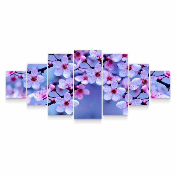 Large Canvas Wall Art - Multitude of White Flowers and Azure Sky Set of 7 Panels