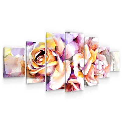 Large Canvas Wall Art - Watercolor Pink Flowers Set of 7 Panels