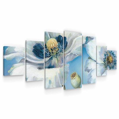 Large Canvas Wall Art - Blue Macro Flowers Set of 7 Panels