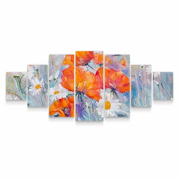 Large Canvas Wall Art - Poppies and Daisies Set of 7 Panels