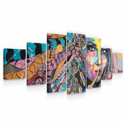 Large Canvas Wall Art - The Painted Indian Girl Set of 7 Panels