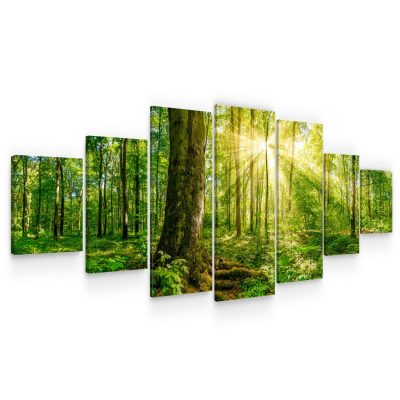 Large Canvas Wall Art - Sun Rays Through Green Branches of Trees Set of 7 Panels