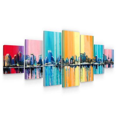 Large Canvas Wall Art - The Multi Colored City of New York Set of 7 Panels