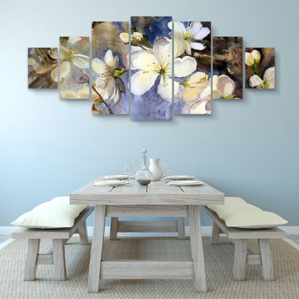 Large Canvas Wall Art - White Blossom Flowers on Branches Set of 7 Panels