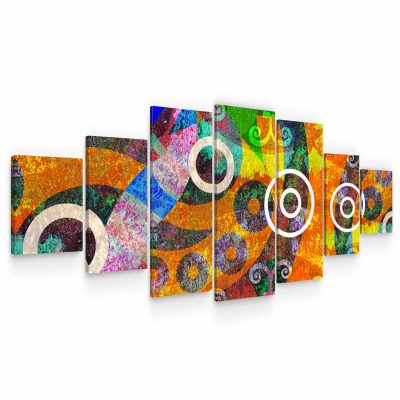 Large Canvas Wall Art - Curves and Colored Spirals Set of 7 Panels