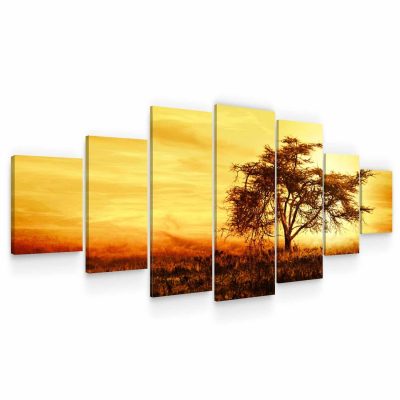 Large Canvas Wall Art - Copper Sunset Over The Solitary Tree Set of 7 Panels