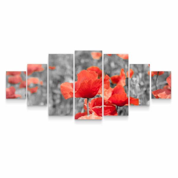 Large Canvas Wall Art - Red Poppies on Grey Background Set of 7 Panels