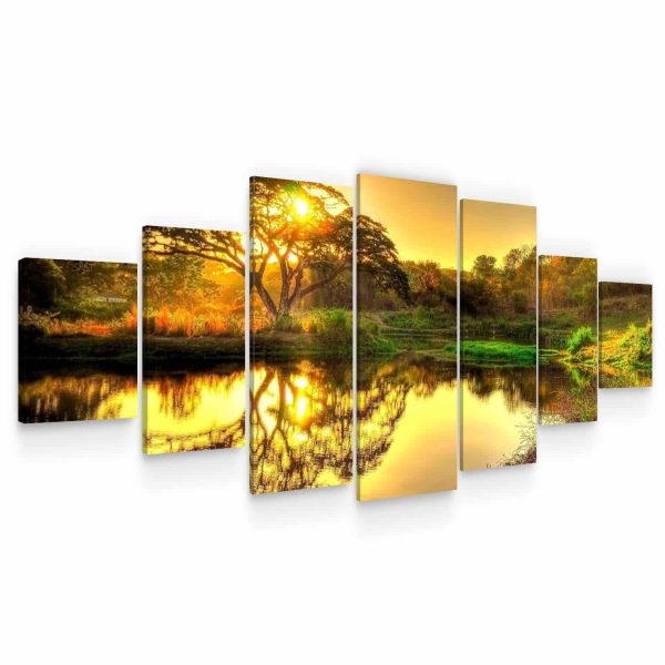 Large Canvas Wall Art - Romantic Sunset on The Lake Set of 7 Panels