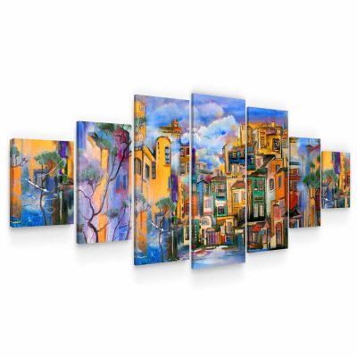 Large Canvas Wall Art - The City with Charming Blue Trees Set of 7 Panels