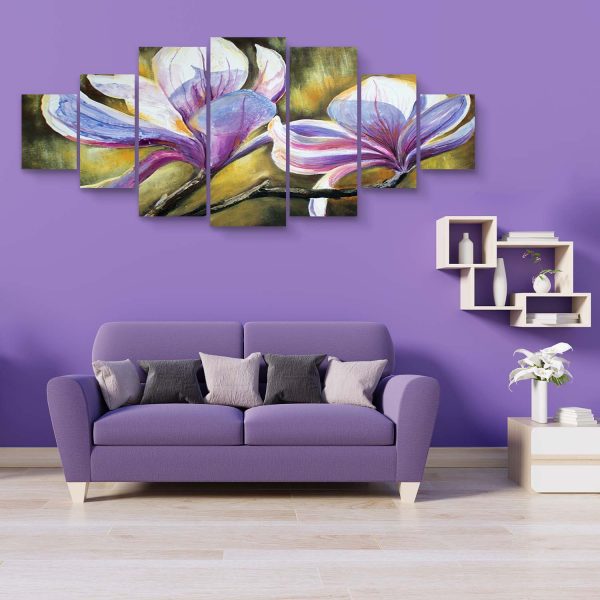 Large Canvas Wall Art - Magnolia Pink Flowers, Green Background Set of 7 Panels