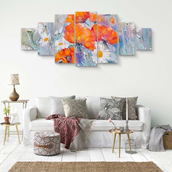 Large Canvas Wall Art - Poppies and Daisies Set of 7 Panels
