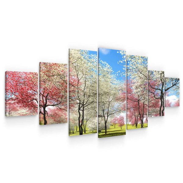 Large Canvas Wall Art - Trees Bloom in The Spring, Pink and White Flowers Set of 7 Panels
