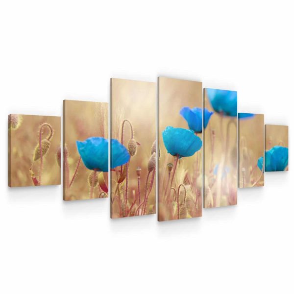 Large Canvas Wall Art - Blue Poppies on The Wheat Field Set of 7 Panels