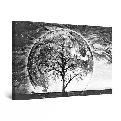 Canvas Wall Art - Black and White Tree Under The Moonlight