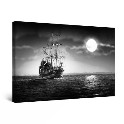Canvas Wall Art - Black and White Ocean, Ship and The Moon
