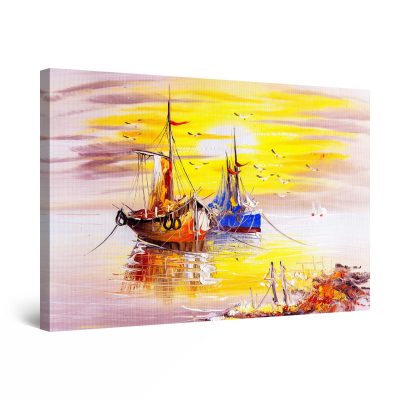 Canvas Wall Art - Beach Warm Yellow Sunset and Ships