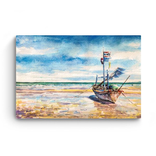 Canvas Wall Art - Beach Lonely Boat on Shore Painting