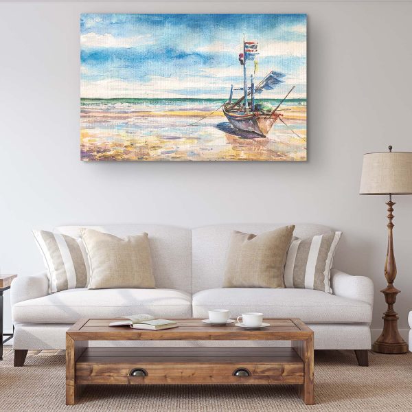 Canvas Wall Art - Beach Lonely Boat on Shore Painting