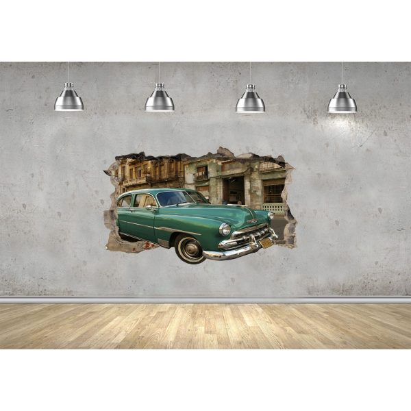 3D Mural Wall Art - Decor Green Old Car in Havana Amazing