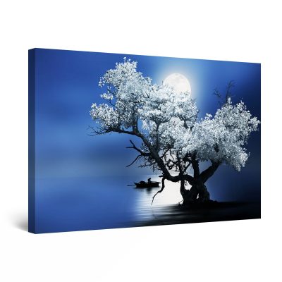 Canvas Wall Art - Flower Tree and Moon Blue