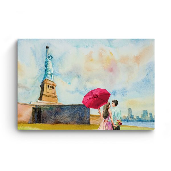 Canvas Wall Art - Statue of Liberty and Red Umbrella