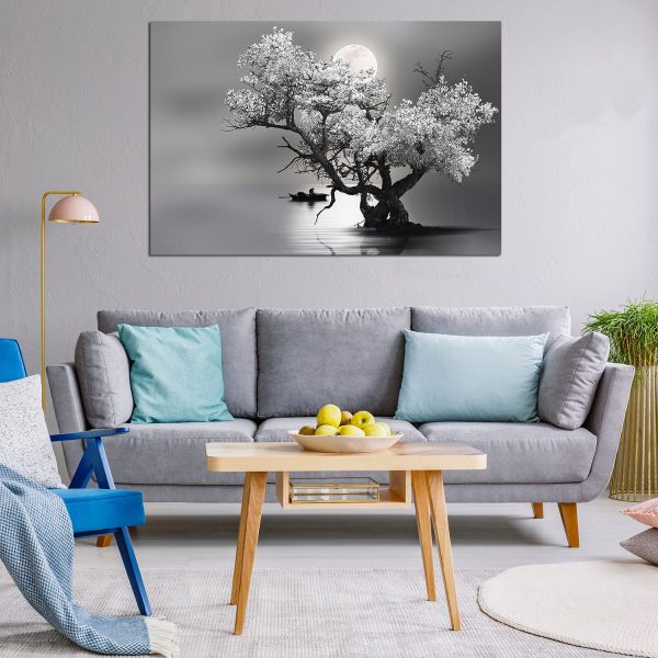 Canvas Wall Art - Flower Tree and Moon Black and White