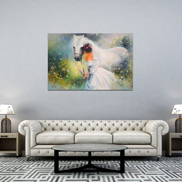 Canvas Wall Art - White Horse and Girl