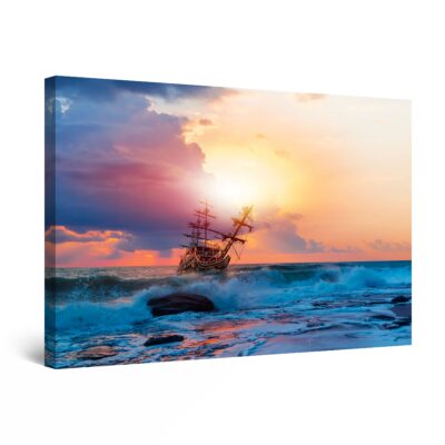 Canvas Wall Art - Ship on Colorful Ocean