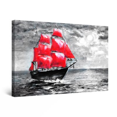 Canvas Wall Art - Black and White Red Ship