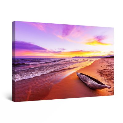 Canvas Wall Art - Purple Beach Morning Sunrise and Boat