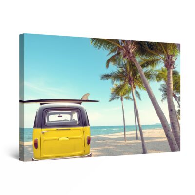 Canvas Wall Art - Yellow Car on The Beach Surfing