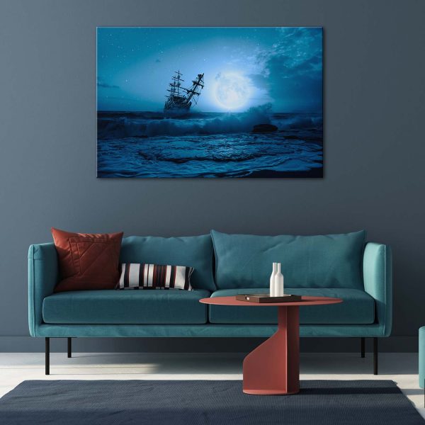 Canvas Wall Art - Blue Ship and Full Moon